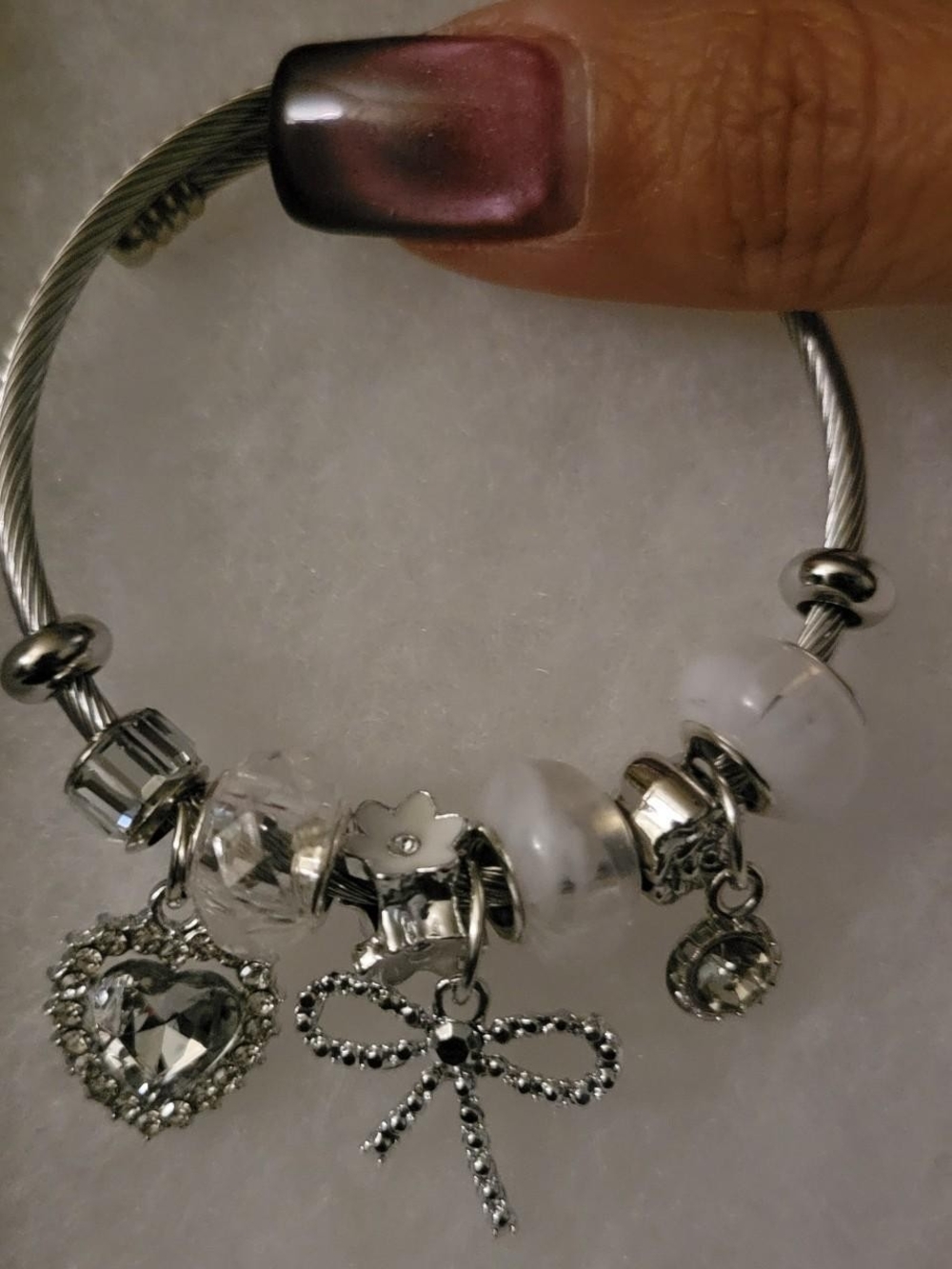 Silver Charm Bangle Bracelet with Clear Crystal Heart & Bow